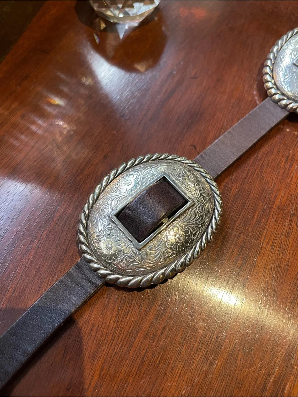Brighton Brown Leather Concho Belt with Silver-Tone Engraved Ovals